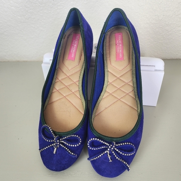 Isaac Mizrahi  Faun2 Gem Bow Blue Flats Suede Dressy Ballerina Shoes   Size 8 - Picture 1 of 8